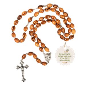 Chapelet artisanal en bois d'olivier sculpté avec médaille en métal Terre Sainte et croix, 48 cm, perles de prière catholiques, vente en gros, Bethléem - Product Image 1