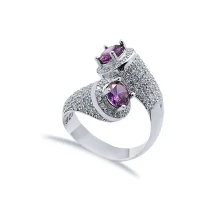 Amethyst CZ Stone Double Side Round Stony Cluster Adjustable Silver Ring Wholesale Handmade 925 Sterling Silver