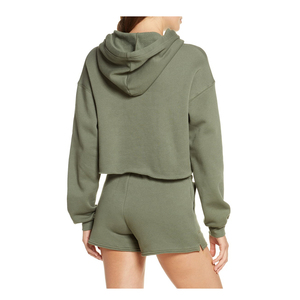 Conjunto de Sudadera Corta con Capucha y Pantalones Cortos de Felpa para Mujer, Color Verde Oliva, Manga Larga, Color Sólido, Estilo Casual - Product Image 2
