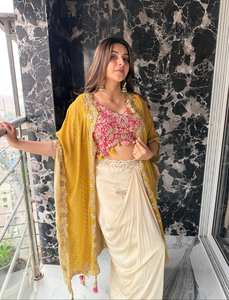 Ensemble trois pièces moderne et tendance en soie pour mariage et soirée, style occidental, avec chemisier brodé de sequins, dhoti de créateur et châle fluide élégant, livraison rapide - Product Image 5