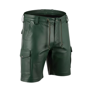 New Custom Mens <b>Green</b> Genuine Leather Utility Cargo Shorts Streetwear Style and Utility Pockets Six Pockets Shorts - Product Image 1