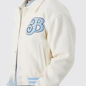Wholesale Men's BOXY Varsity Jacket Custom Logo Embroidery Loose Fit Sports Design with <b>Covered</b> <b>Button</b> Closure Finished Product - Product Image 1
