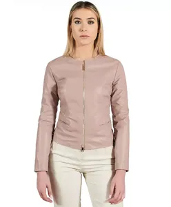 Womens Real <b>Pink</b> Leather <b>Jacket</b> Collarless Round Neck Zip Front Sheepskin Biker Coat Custom Blush Nude Formal Outerwear - Product Image 1
