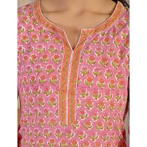 Hand Drawn Pink <b>Block</b> <b>Printed</b> Cotton Anarkali Kurta Pant Set Pakistani Style Indian Ethnic Wear with Salwar - Product Image 2