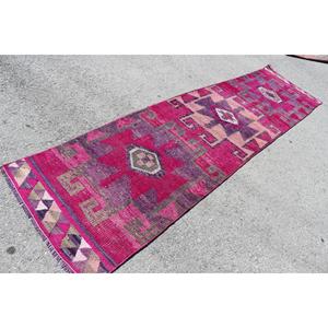 Tapis de couloir vintage, tapis turc 2,9x12,3 pieds, tapis en laine abstrait rose - Product Image 2