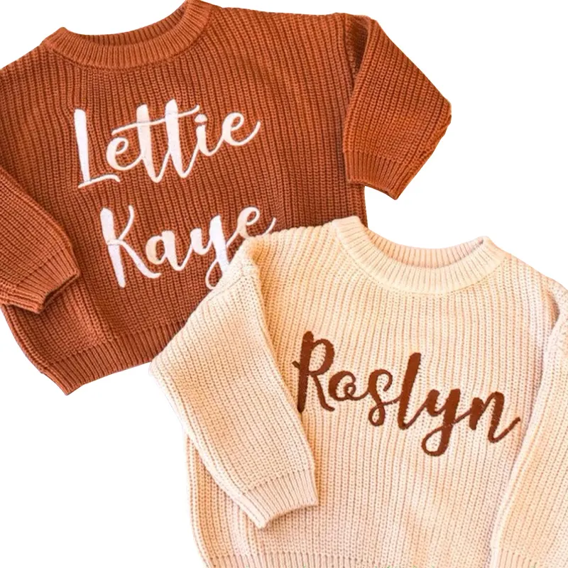 Biologisch Katoenen Gebreide Babytrui Eco-Vriendelijke Basis Gebreide Oversized Trui Met De Hand Geborduurde Naam Baby Sweater Baby Trui