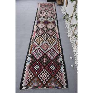 Alfombra de 2.8x13.1 pies, Alfombra Turca, Alfombra Roja con Diseño de Cuadros Kilim - Product Image 1