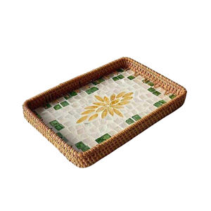 Plateau de service en rotin hexagone tissé à la main floral plateau de Table basse naturel élégant incrustation de nacre pour la décoration intérieure restauration - Product Image 4