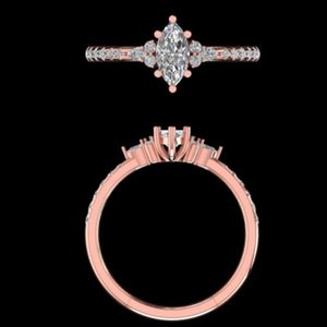 Élégante bague de fiançailles en or rose 18 carats avec diamant marquise, pierres latérales en grappe et bande pavée, cadeau de bijoux de mariée - Product Image 3
