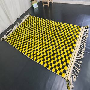 Tapis design à carreaux noirs et jaunes motif d'impression de bloc de main Dhurries 100% coton tapis matériels pour la maison salon - Product Image 4