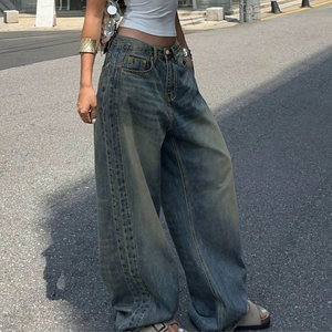 Jeans pour femmes élégants, taille haute, style américain, denim noir et gris uni, respirant, polyester/coton, style streetwear, jambe large, été - Product Image 6