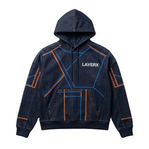 Men Heavyweight Denim <b>Hoodie</b> Trendy Style Jean Sweatshirt Drop Shoulder Hood Chain <b>Stitch</b> Embroidery Boxy Pullover - Product Image 1