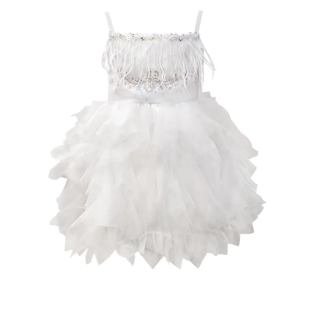 Hand Beading Sequin Ostrich Feathers Machine Embroidery Dress Baby Girl Tutu Dress White Sleeveless Daisy Flower - Daisy Dress