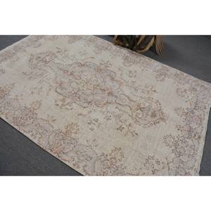 Alfombra turca vintage de 5,4x8,2 pies, lana beige hecha a mano con diseño de retazos, sala de estar forma rectangular para, estilo Tabriz - Product Image 4