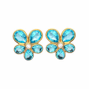 Pendientes de Plata de Ley 925 Hechos a Mano con Baño de Oro en Forma de Flor con Topacio Azul Natural y Circonitas Blancas Facetadas - Product Image 4