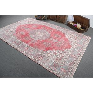 6.3x9.7 ft Vintage Large Rug, <b>Red</b> Blue Turkish Solid <b>Wool</b> Rug - Product Image 4