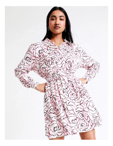 Decorated Unique Look Ladies Mini <b>Dress</b> Beautiful All-Over Rose Print <b>Elastic</b> Waist Collar Neck Full Sleeve A-Line Silhouette - Product Image 6