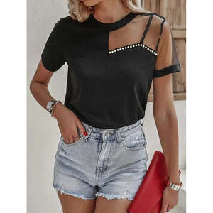 Blusa de Crepé de Manga Corta para Mujer con Detalles de Tul y Adornos de Pedrería, 37318 - Negro - Product Image 4