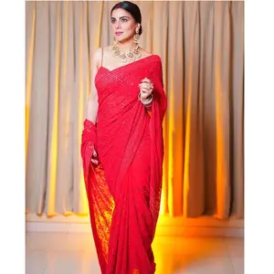 Georgette-traje étnico indio para fiesta de boda, Saree rojo con trabajo bordado de secuencia y encaje, proveedor de calidad de exportación, India