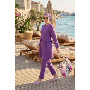 Conjunto de Traje de Baño de Tres Piezas Color Lila con Cintura con Volantes y Detalle de Cierre Frontal, Logotipo Personalizado, Sujetador Push-Up Disponible en Tallas Grandes XL - Product Image 1