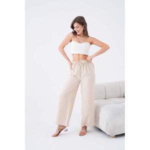 Pantalon en lin/coton respirant confortable à lacets pour femmes de haute qualité poches détaillées taille moyenne conception avant plat - Product Image 1
