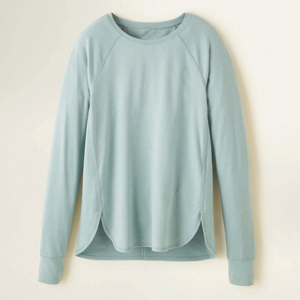 Women's Light Blue O-Neck Long Sleeve <b>Raglan</b> T-Shirt Loose Fit Solid Color Casual Knitted Cotton Spandex <b>Top</b> All Seasons - Product Image 1