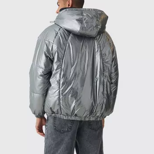 Chaqueta acolchada de invierno para hombre, precio al por mayor, cierre de cremallera, puños elásticos, capucha, logotipo personalizado, lona plateada metálica, suministro a granel - Product Image 5