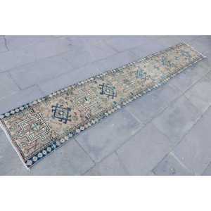 Alfombra Turca Vintage de 1.6x9.2 pies, Alfombra de Lana Ikat Azul - Product Image 3