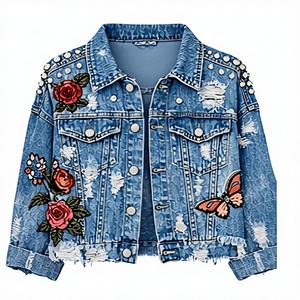 Veste en jean noir délavé pour femme très demandée avec ceinture imprimé léopard, fermeture boutonnée et poches poitrine - Product Image 1