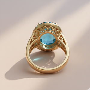 Anillo Ovalado de Topacio Azul de Diseño con Circonitas Cúbicas en Plata de Ley 925 Chapada en Oro de 18K, Regalo para Ella para Ocasiones Especiales - Product Image 1