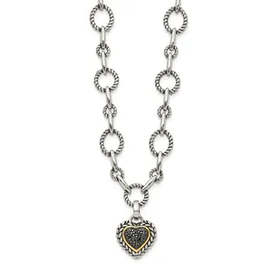 어두운 열정: 14K 악센트가있는 스털링 실버 골동품 목걸이, 블랙 다이아몬드 하트 드롭, 시대를 초월한 로맨틱 표현