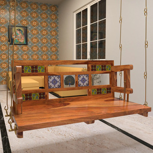 Columpio Tradicional de Madera con Incrustaciones de Azulejos Coloridos para Interiores y Exteriores, Mueble de Salón de 2 o 3 Plazas, Diseño Hecho a Mano - Product Image 1