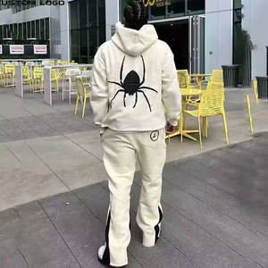 Conjunto de chándal personalizado OEM para hombre 2025, Sudadera con capucha con borde de dobladillo crudo con estampado de algodón transpirable, pantalón para correr, dos piezas acampanadas apiladas con capucha - Product Image 3