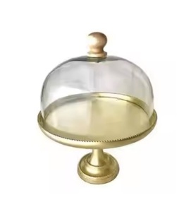 Soporte de pastel redondo para bodas, soporte de pastel de latón de diseñador con acabado dorado con cúpula de cristal, decoración de mesa para hoteles, soporte de exhibición de pasteles - Product Image 1