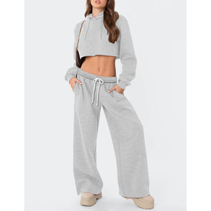 Sudadera con capucha corta de dos piezas personalizable de estilo de moda sostenible para mujer con pantalones acampanados holgados material de lana para mujer - Product Image 2