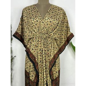 Vintage Sari <b>Kaftan</b> Boho Dress Recycled Silk Flowy Long Length Beach Coverup <b>Black</b> Beige Floral Motifs Women's Artistic Swimsuit - Product Image 5