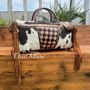 New Designer Sports and Fitness Genuine Tooled Leather Large Capacity Checkered Design Hair On Cowhide Fringe Travel Duffle <b>Bag</b> - Product Image 1