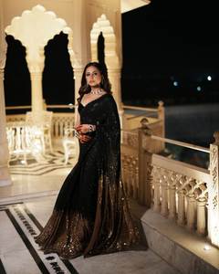 Sari VASTRA COTTAGE de Georgette Premium con Bordado de Lentejuelas Dobles y Elegante Borde de Encaje, Diseño Festivo para Fiestas - Product Image 2