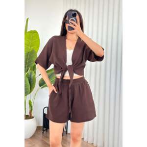 Muslin Front-<b>Tie</b> Short Model Wholesale Coffee Kimono - <b>Brown</b> - Product Image 2