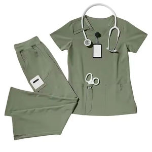 2025 tela elástica recién mejorada Spandex rayón poliéster manga corta cuello en V mujeres Scrub Set uniforme quirúrgico de Hospital - Product Image 2