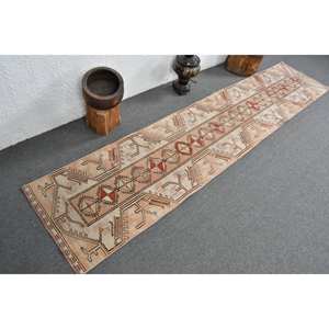 Tapis Turc Vintage Beige Rouge 2X9.5ft Grande Surface Laine Patchwork Design Latex Support pour Couloir Chambre à coucher Chambre Tapis de Chevet - Product Image 2