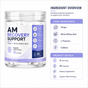 Cápsulas de Apoyo para la Recuperación <span class=keywords><strong>AM</strong></span> con Jengibre, Corteza de Sauce Blanco, L-Teanina, Cafeína, Suplemento para el Alivio de la Resaca Post-Consumo de Alcohol - Product Image 4