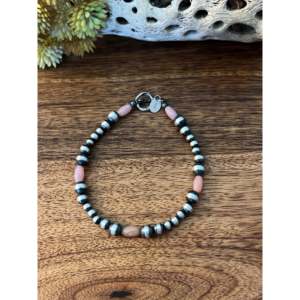 Navajo Styled Pink Coral & Sterling Silver Beaded <b>Bracelet</b> with <b>Graduated</b> Pearls Ball Shape for Gifts - Product Image 1