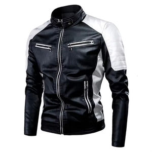 Blouson en cuir d'hiver solide pour moto décontracté pour homme, col montant, fermeture éclair sur le devant, logo, antibactérien, imperméable, coupe-vent, patchwork - Product Image 5