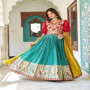 Lehenga choli ผ้าแจ็คการ์ดเคี่ยวหนักกับงานปักลำดับแรงบันดาลใจคอลเลกชันอินเดียใต้สำหรับงานปาร์ตี้ในโอกาสเทศกาล - Product Image 1