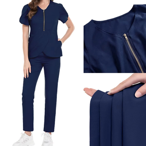 Conjunto de 2 piezas de tela de punto transpirable sólida de manga larga para mujer, novedad de verano 2025, Tops sin cuello con cremallera, Pantalón recto con cordón - Product Image 1