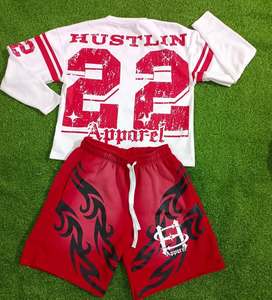 Ensemble de survêtement en jersey personnalisé T-shirt à manches doubles sérigraphié en détresse T-shirt à manches longues Boxy ensemble de shorts en jersey délavé à l'acide - Product Image 1