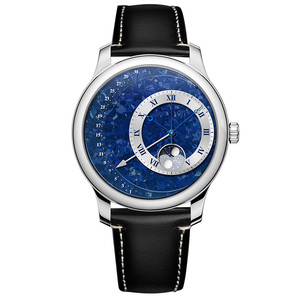 Montre mécanique à phases lunaires, calendrier rétrograde automatique, bracelet en <span class=keywords><strong>cuir</strong></span> suédé vintage, logo personnalisé, montre-bracelet OEM ODM, usine - Product Image 3