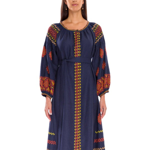 Robes longues en lin d'ukraine avec ceinture, manches longues, tissu ethnique brodé de haute qualité - Product Image 1