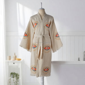 Bata de baño unisex de algodón de lujo con estampado de bloques, ligera, de lino tejido, transpirable, para primavera, verano y todo el año, ropa de dormir y de descanso. - Product Image 1